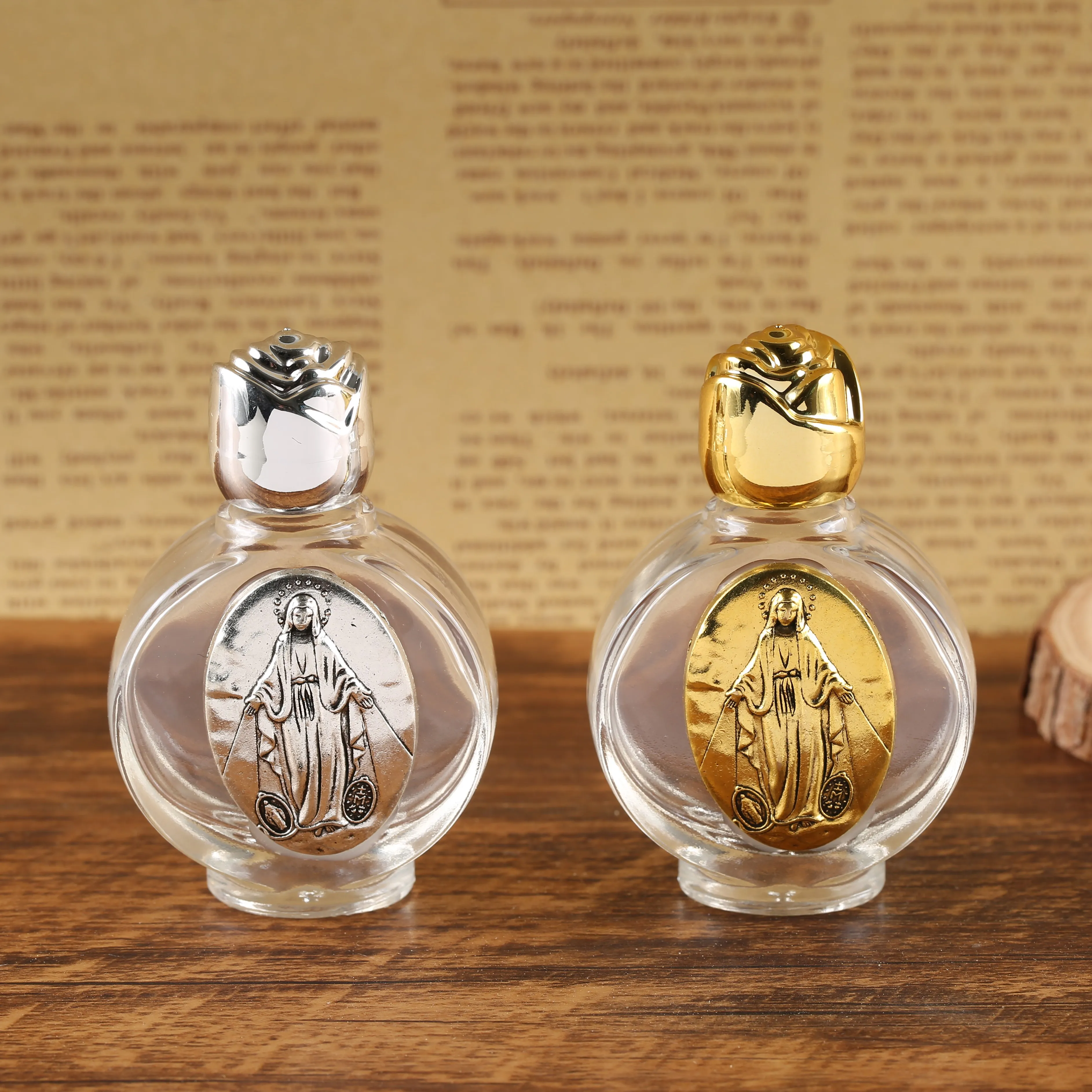 

Christian Wedding Prayer First Communion Baptism Catholic Home Decoration Glass Holy Water Bottle, Silver and gold