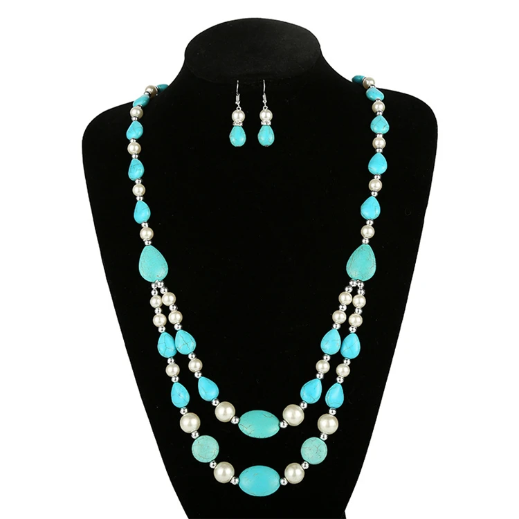 

Wholesale Hot Sale Fashion Bohemian Style Multilayer Turquoise Earrings Necklace Set, Picture shows