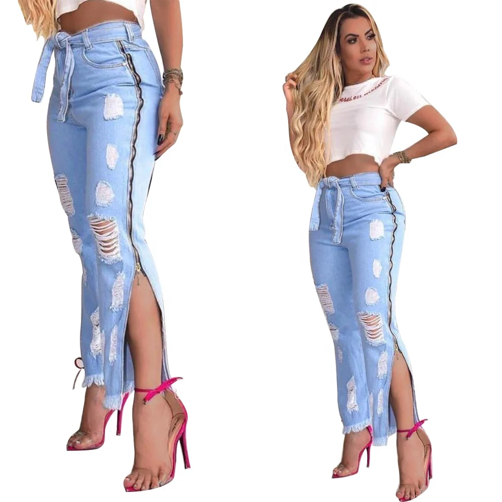 

Fashion ladies popular hole long plus size slim cut mainstream jeans women pants