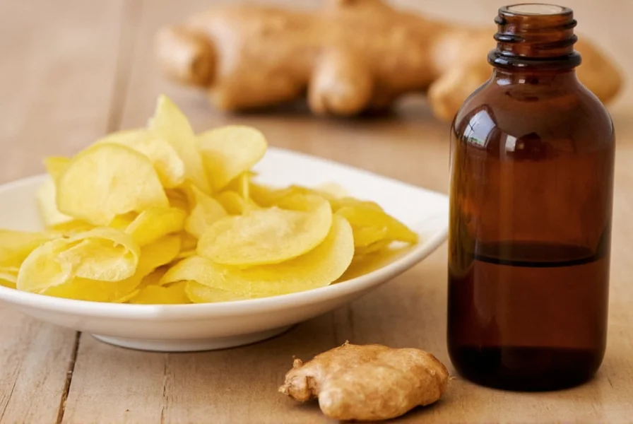 Close-up view of ginger root oil dropper releasing golden oil onto wooden surface with fresh ginger roots in background