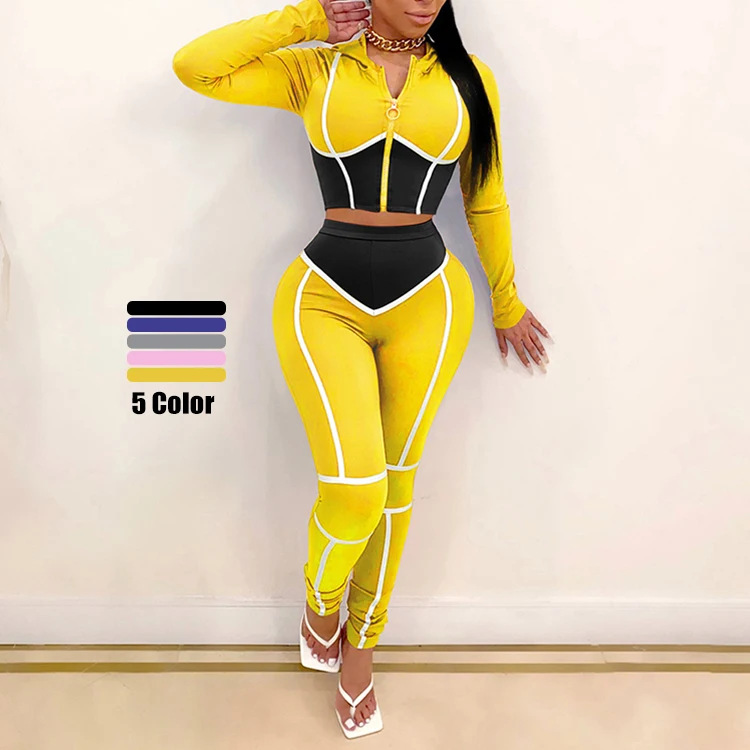 

2020 New Design Women Fashion Two Piece Set Women Clothing Casual Tight Crop Top Hoodie And High Waist Pants Autumn Set, As show