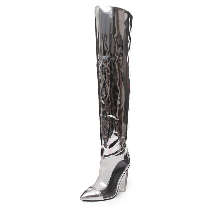 
WETKISS Fashion Cone Heels Shoes Sexy Transparent Boots Over Knee Clear Heel Boots Women Shoes Silver Thigh High Boots 