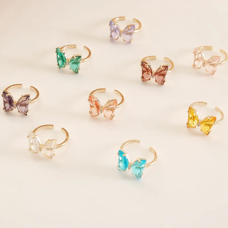 

Fashion Sweet Ins Gold Plated Colorful Cubic Zircon Butterfly Rings Open Adjustable CZ Butterfly Rings For Women Girls