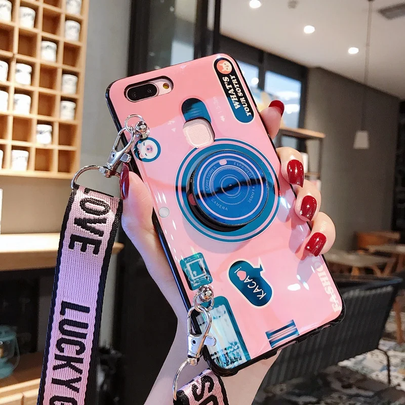 

New Creative Cartoon Camera Smart Phone Case Airbag Kickstand Mobile Phone Cover With Strap For iPhone 11 12 Pro Max, Black,pink