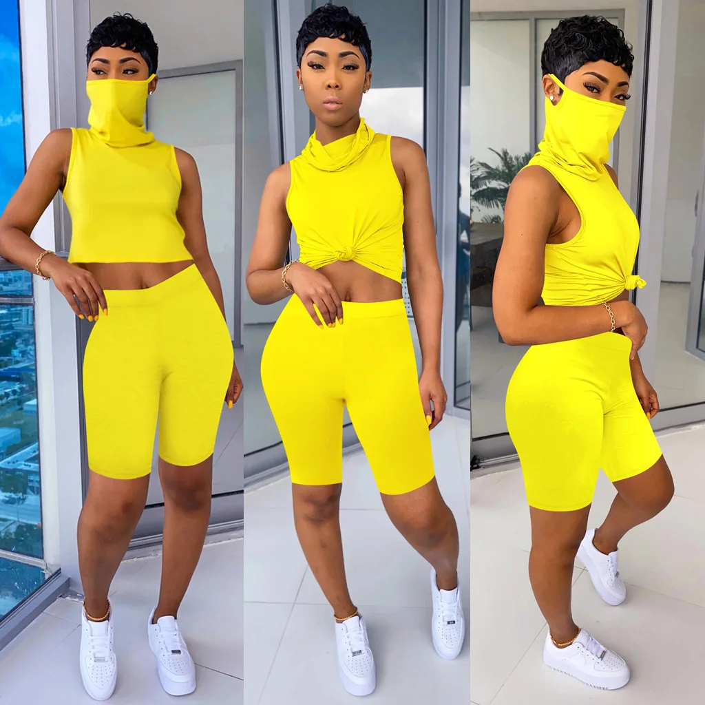 

2021 new arrive Fashion Solid Color 2 Piece Set cotton veil Sleeveless T Shorts Suit Female Casual Outfits, Picture shows