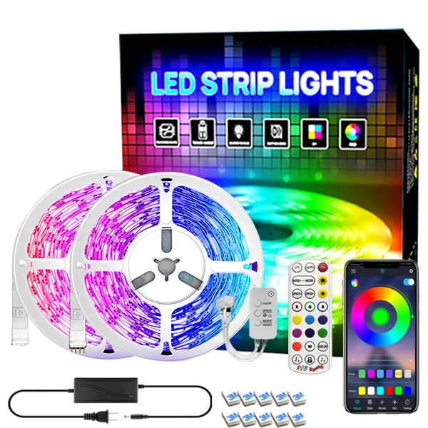 5050 LED Light Strip Kit Blueteeth& IR Controller 24#3key Remote  Remote IP20 Non- Waterproof 6.4ft 3-Way led light strip music
