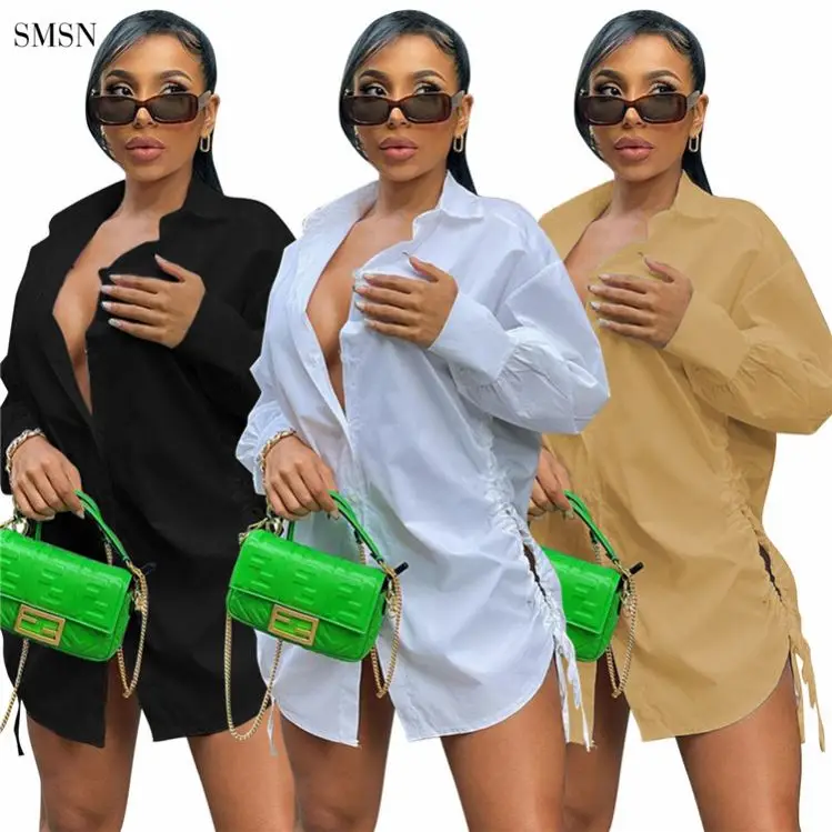 

MOEN New Arrival Autumn Long Sleeve Solid Color Loose Blouse Short Dress Hollow Out Drawstring Women Shirt Dress