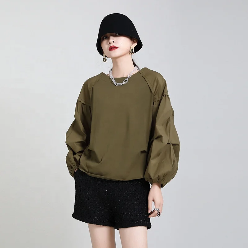 

2021 Spring Fashionable Long Lantern Sleeve Ladies Tops Blouses Solid Color Top Round NeckT-shirt Women Blouse, White/black/green