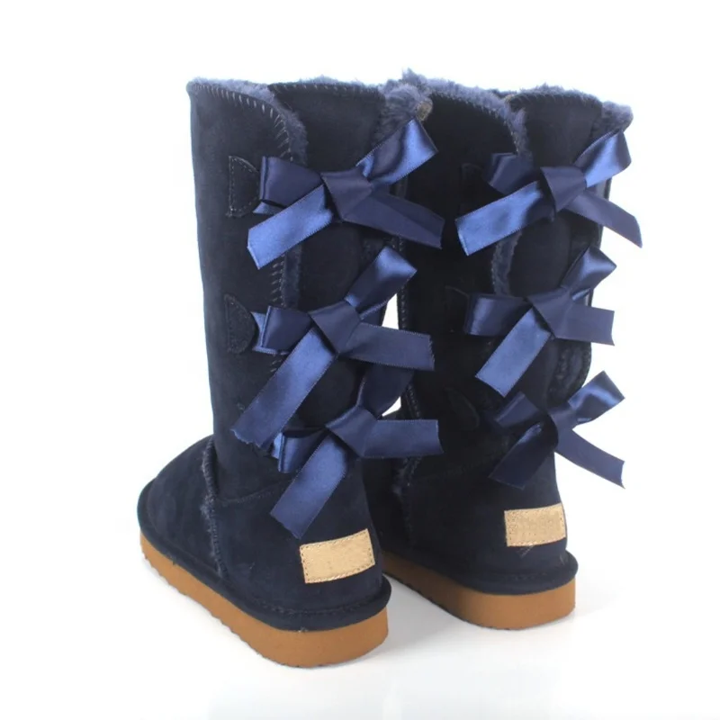 

2021 Wholesale Custom LOGO Fashion Ladies Sheepskin Shoes Women Girls Winter High Snow Boots Lamb Wool Fur Boots With Three Bows
