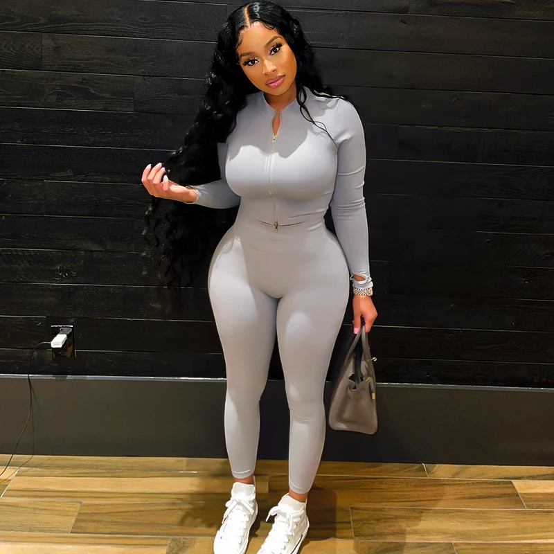 

YIXIN Bomblook Sweet Long Sleeve Zipper Crop Top High Waist Pants Sportswear Solid Color Two Piece Set Women, White black brown