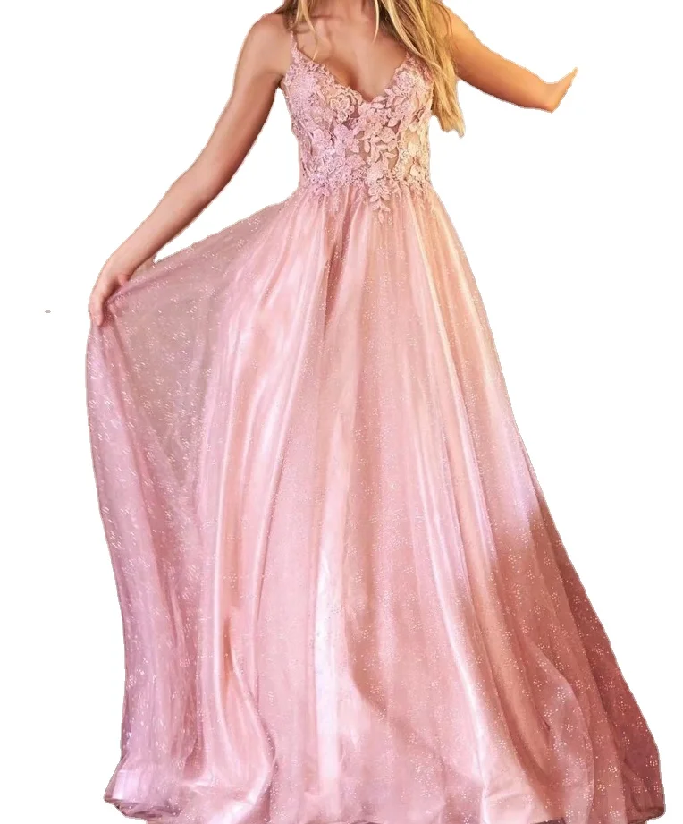 

Deep V Neck A Line Shine Skirt Nice Embroidery Sexy Open Back Ball Gown Prom Dress