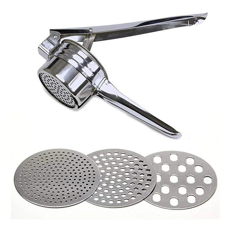 

3 Interchangeable Discs Potatoes Fruits Vegetables Manual Masher Stainless Steel Potato Ricer, Silver