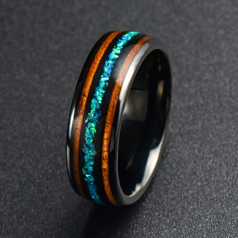 

Poya Wholesale Trendy Jewelry Mens 8mm Black Plated Koa Wood Inlay Blue Opal Tungsten Ring For Wedding