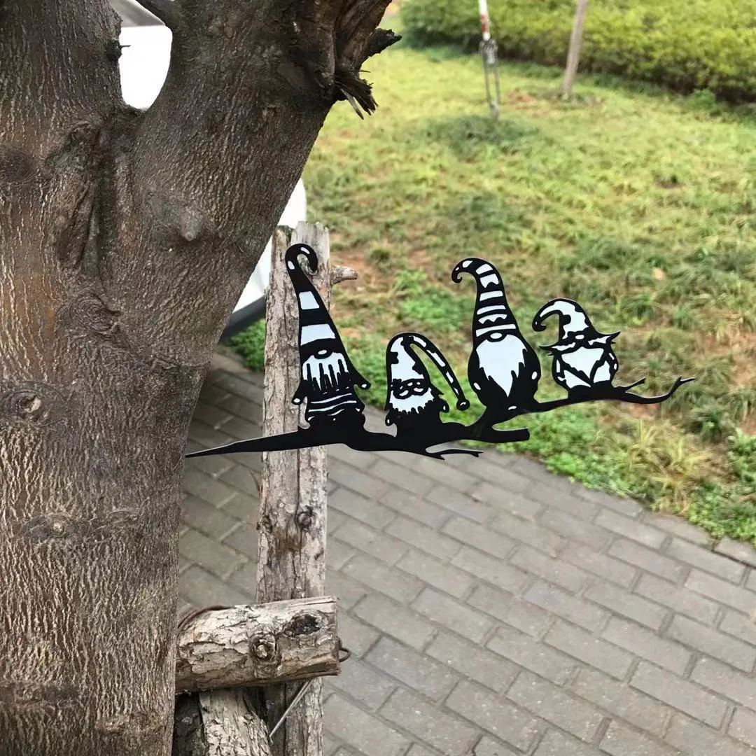 

New Tree Branch Gnomes Decor Garden Metal Stakes Silhouette Art Yard Backyard Lawn Ornament