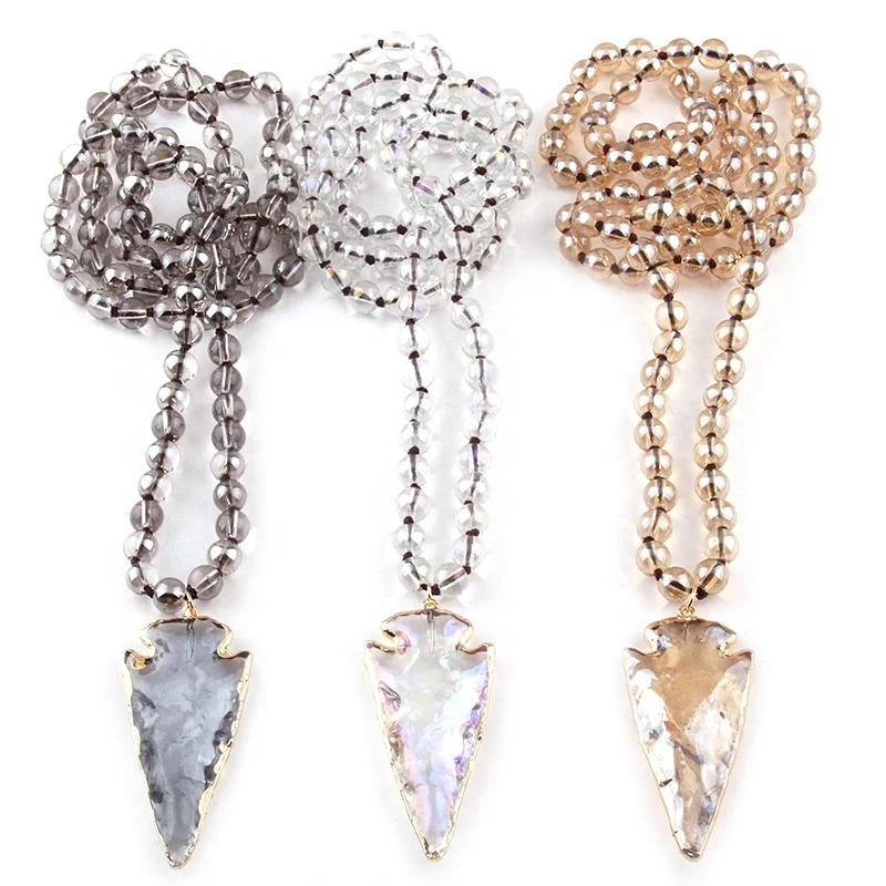 

Fashion Bohemian Tribal Jewelry Women 8mm Crystal Glass Long Knotted Necklace Glass Arrowhead Pendant Necklaces