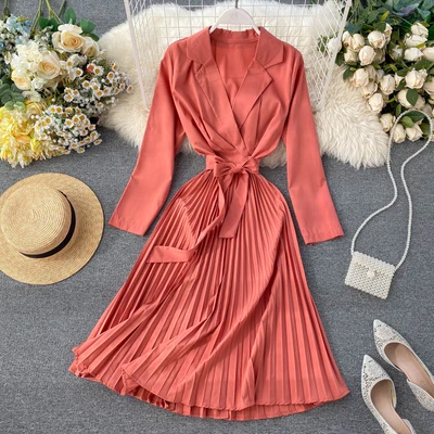 

French Retro Women Tailored Collar Pleated Midi Dress