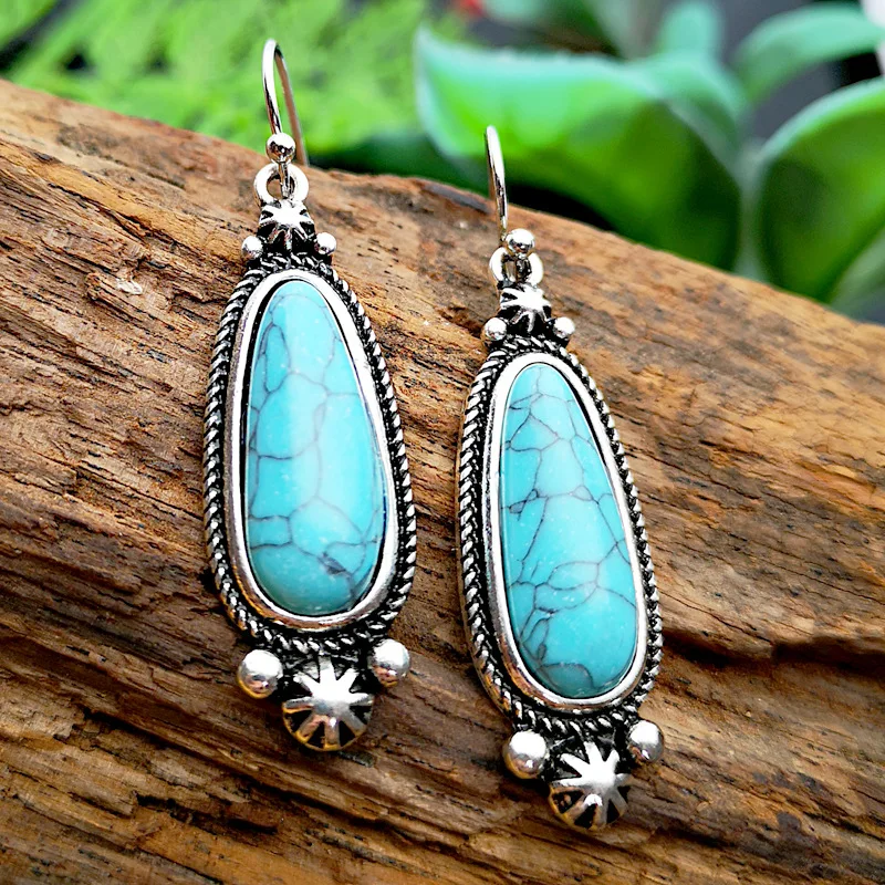 

Vintage National Style Boho 925 Antique Silver Turquoise Earrings creative lace Pendant drop shaped Turquoise Earrings Jewelry, As picture