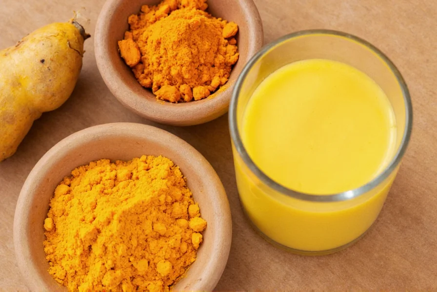 Turmeric root, ground turmeric powder, and golden milk beverage arranged on wooden surface