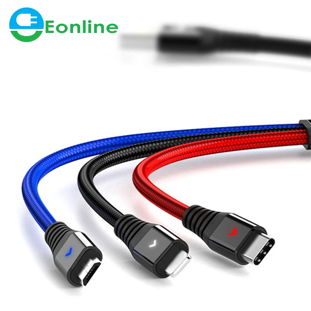 Eonline 2.4A 3 in 1 USB Cable Micro USB Type-C Charging Cable For X Android Phone For Samsung S8 Data Cord led fast cablea