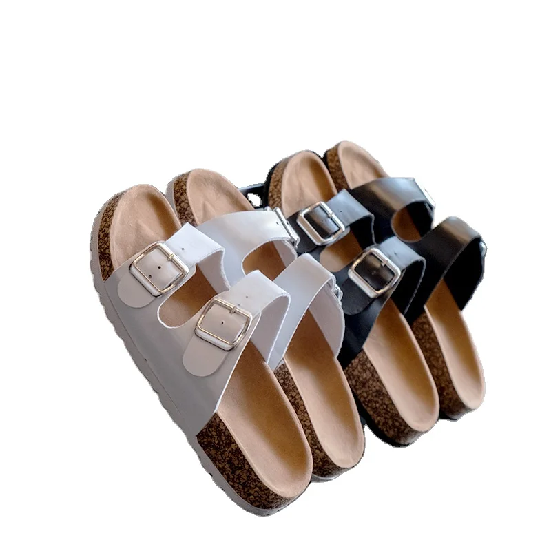 

New summer double breasted leather pu flat bottom casual custom logo beach cork Roman slippers