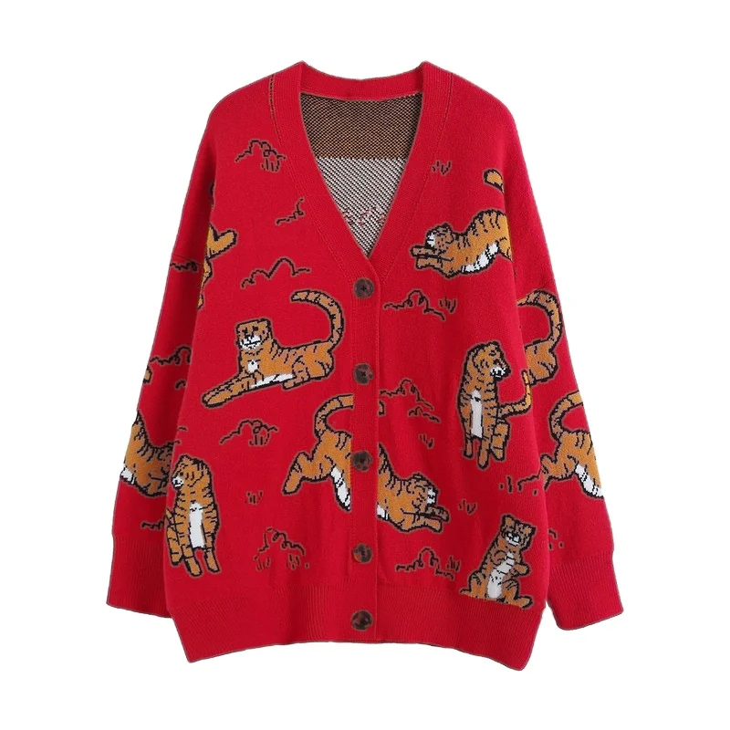 

Red Knit Jacket Animal Pattern Jacket V-Neck Knit Cardigan For Women