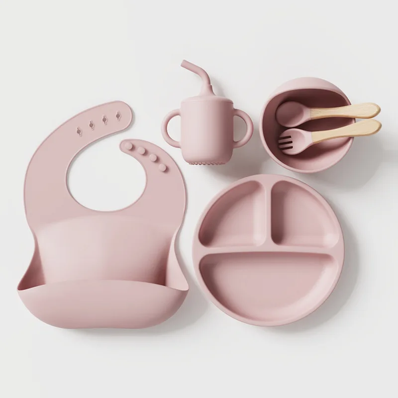 6 Piece Silicone Feeding Set Bib Suction Plate