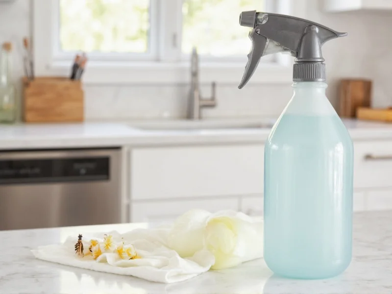 Homemade vinegar ant repellent spray bottle on kitchen counter