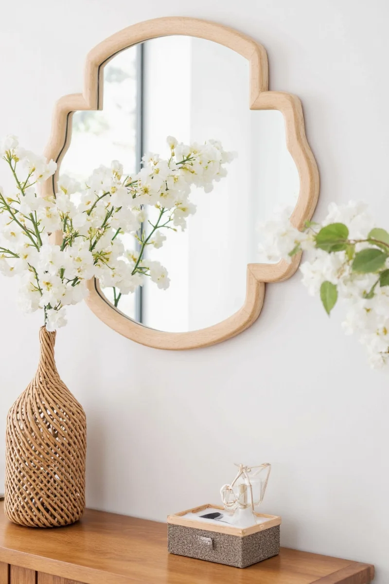 Rattan mirror in a child's playroom with soft lighting
