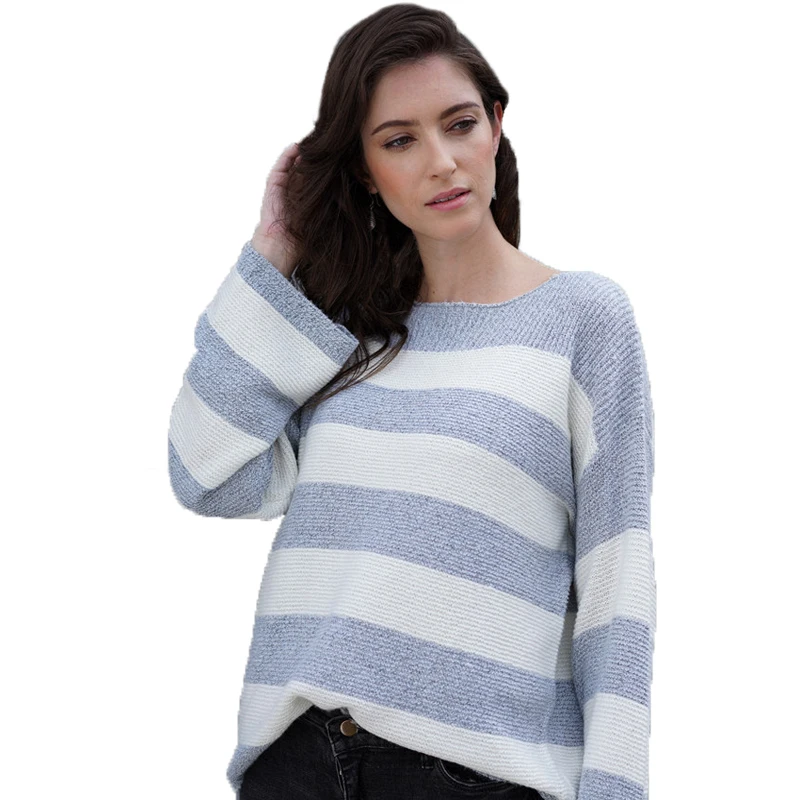 

2021 autumn and winter hot sale new product stripe Splicing loose plus size 0 neck knitted sweater women