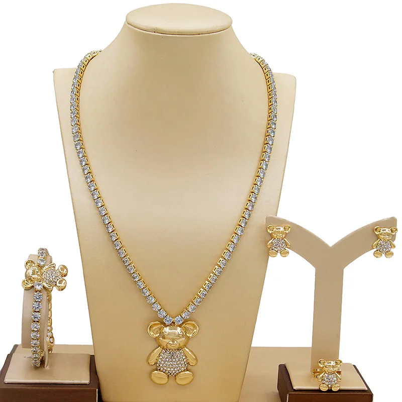 

Yulaili Crystal Big Teddy Bear I Love You Jewelry Sets 18 Karat Brazil's Golden Hug and Kiss Girls Teddy Fine Jewelry Set X0071