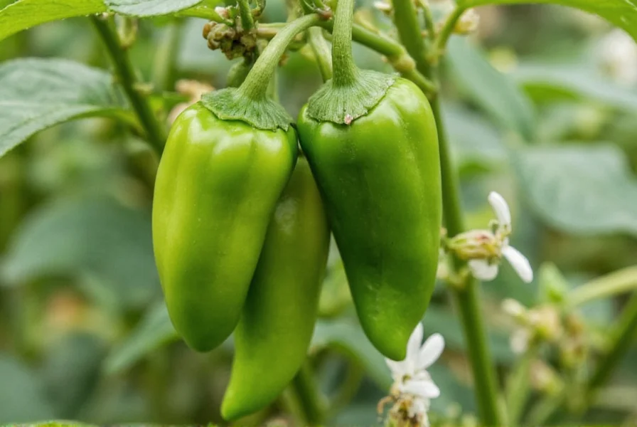 Close-up photograph of Peter pepper showing its distinctive elongated, curved shape with tapered tip and wrinkled skin, growing on plant with white flowers