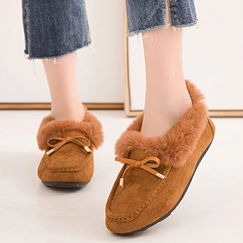 

Casual Round Toe Thick Bottom Platform Slip-on Furry Warm Cotton Snow Boots Women Peas Shoes Faux Fur Flats, Khaki, camel, gray, red, black