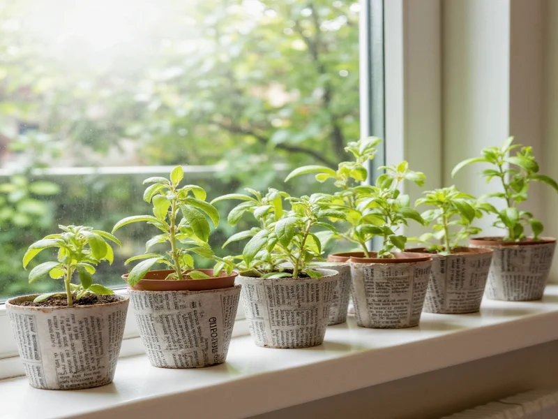 Newspaper pots with sprouting seedlings on windowsill