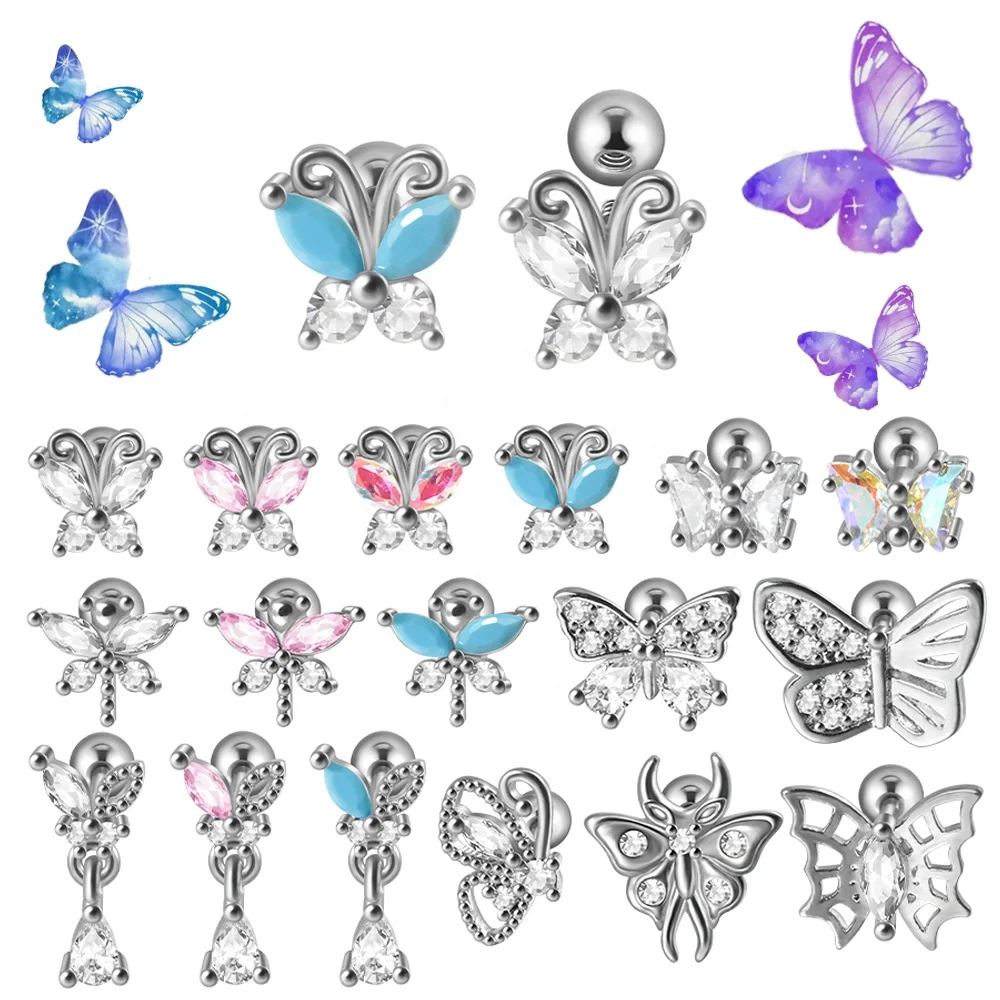 

Surgical Steel Turquoise Marquise Butterfly Zircon Ear Cartilage Tragus Helix Earring Daith Lobe Screw Piercing Body Jewelry