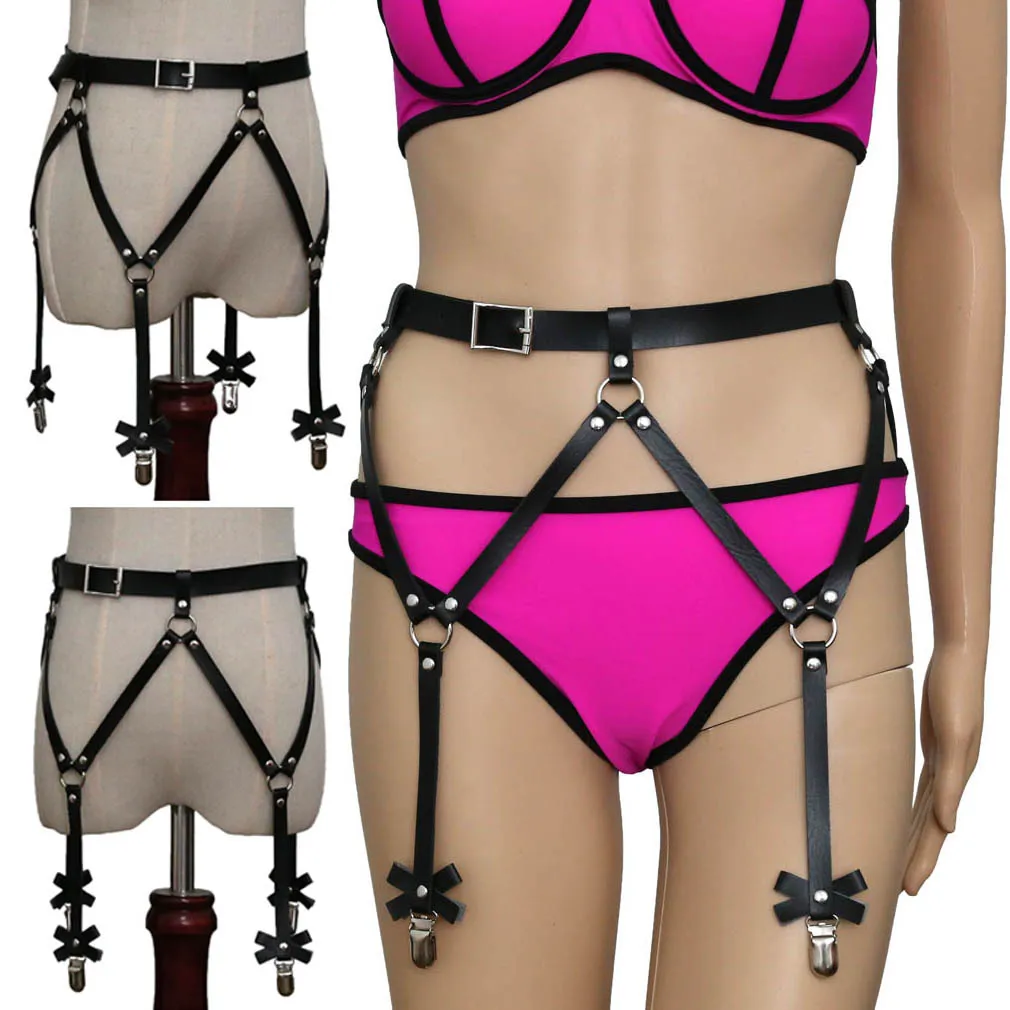

Women Men Leather Waist Garter Belt For Stockings Bow Handmade Punk Costume Gourd clip Bow Hollow garter belt, 4 colors