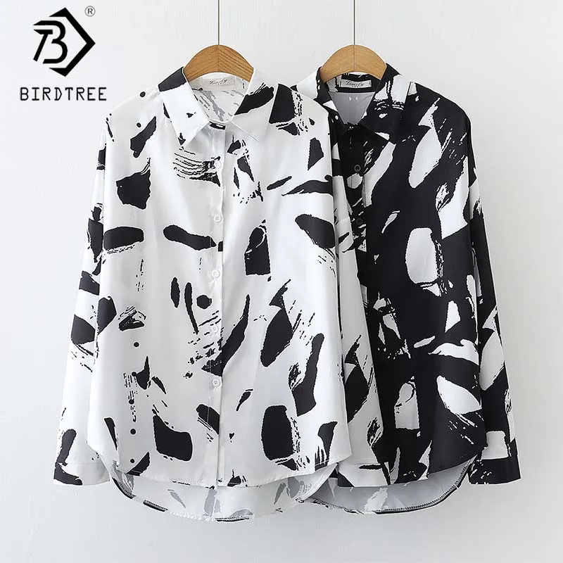 

Japanese Korean Blouses For Women Print Chiffon White Black Blouse Shirt Loose Long Sleeve Tops T09305W, Shown