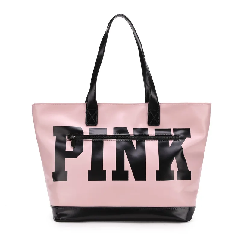 PINK Waterproof Shoulder Bag Reusable Shopping Bag Women's Eco Friendly Shopper Weekend Girl Travel bag, Black