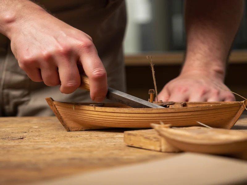 Close-up of hands using chisel on wooden boat model