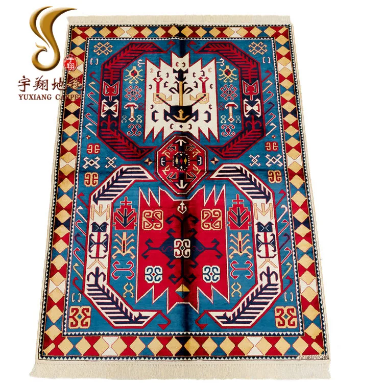 

Yuxiang 4x6 ft Blue Background Azerbaijan Traditional Geometric Hand Knotted Pure Silk Carpet for Sale