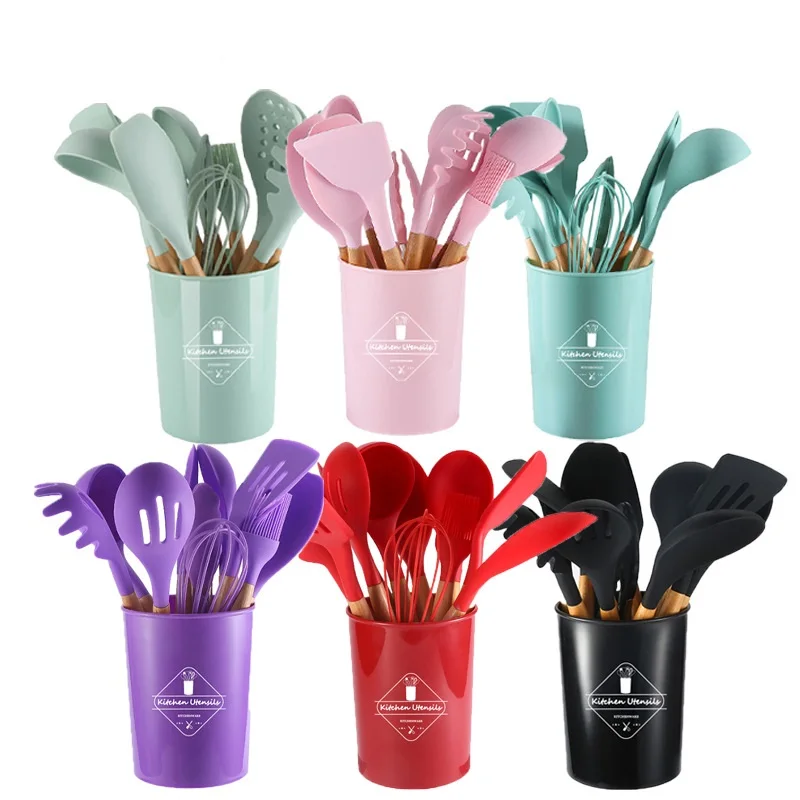 

12 Pieces In 1 Set Silicone Kitchen Accessories Cooking Tools Kitchenware Silicone Kitchen Utensils With Wooden Handles, Green,red,purple,black,pink,custom