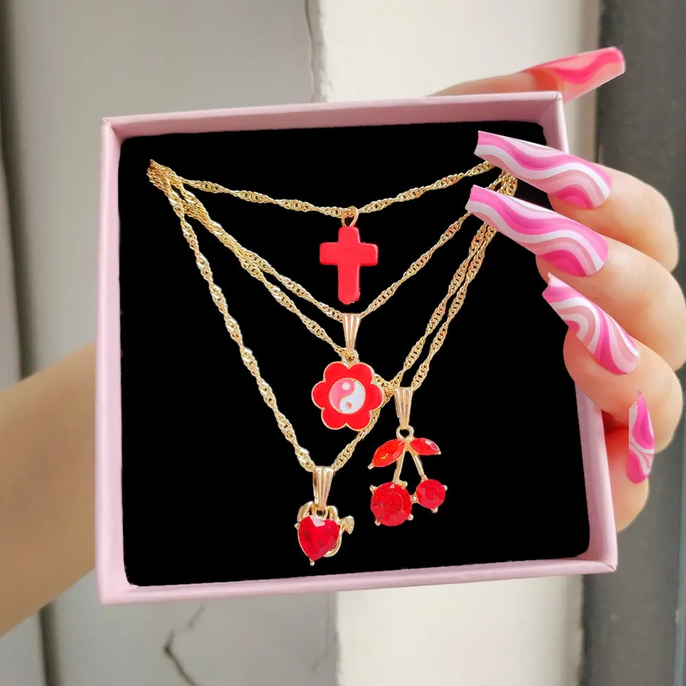 

4pcs/set Red Cherry Necklace For Women Cross Flower Yin Yang Chain Crystal Love Heart Necklace, Gold plated