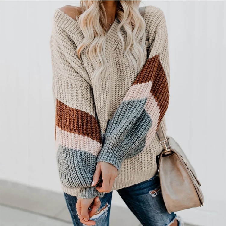 

Casual Knitted Sweater Women Streetwear O Neck Bats Long Sleeve Loose Rainbow Striped 2019 Autumn Winter Fashion Women's Sweater, As photos