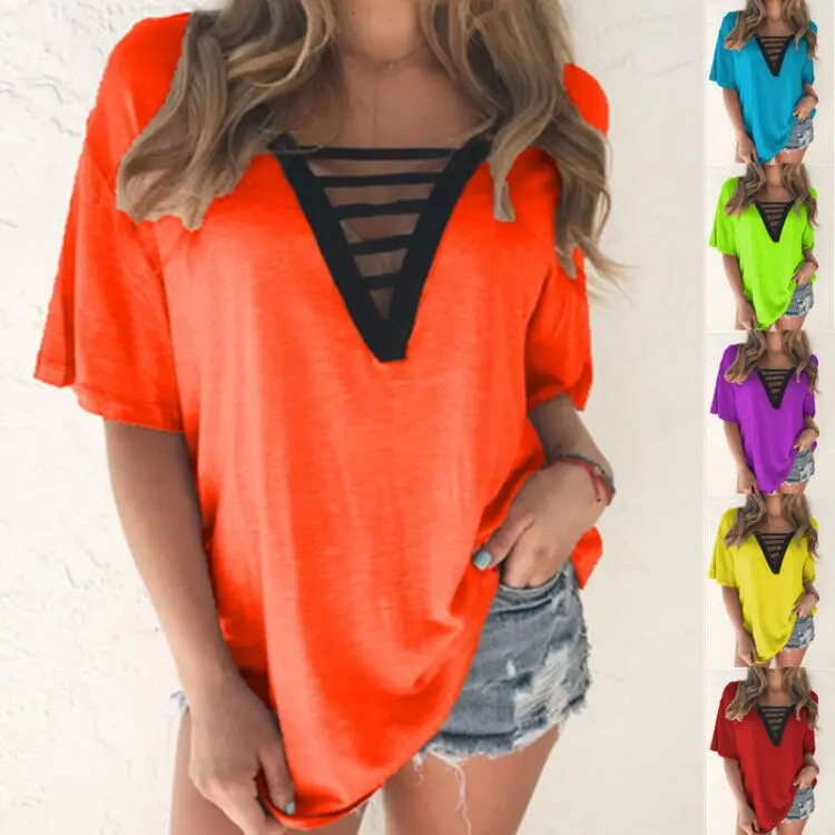 

Women Summer V Neck T Shirt Casual Solid Short Sleeve Blouse Loose Hollow Tops