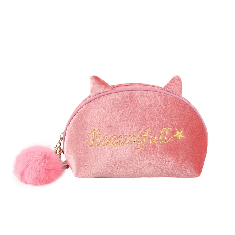 

Cute Cat Embroidery Logo Zipper Girls Portable Wallet Lady Pompom Makeup Storage Pouch Women Velvet Travel Cosmetic Bag, Wine red, green, blue, black, pink