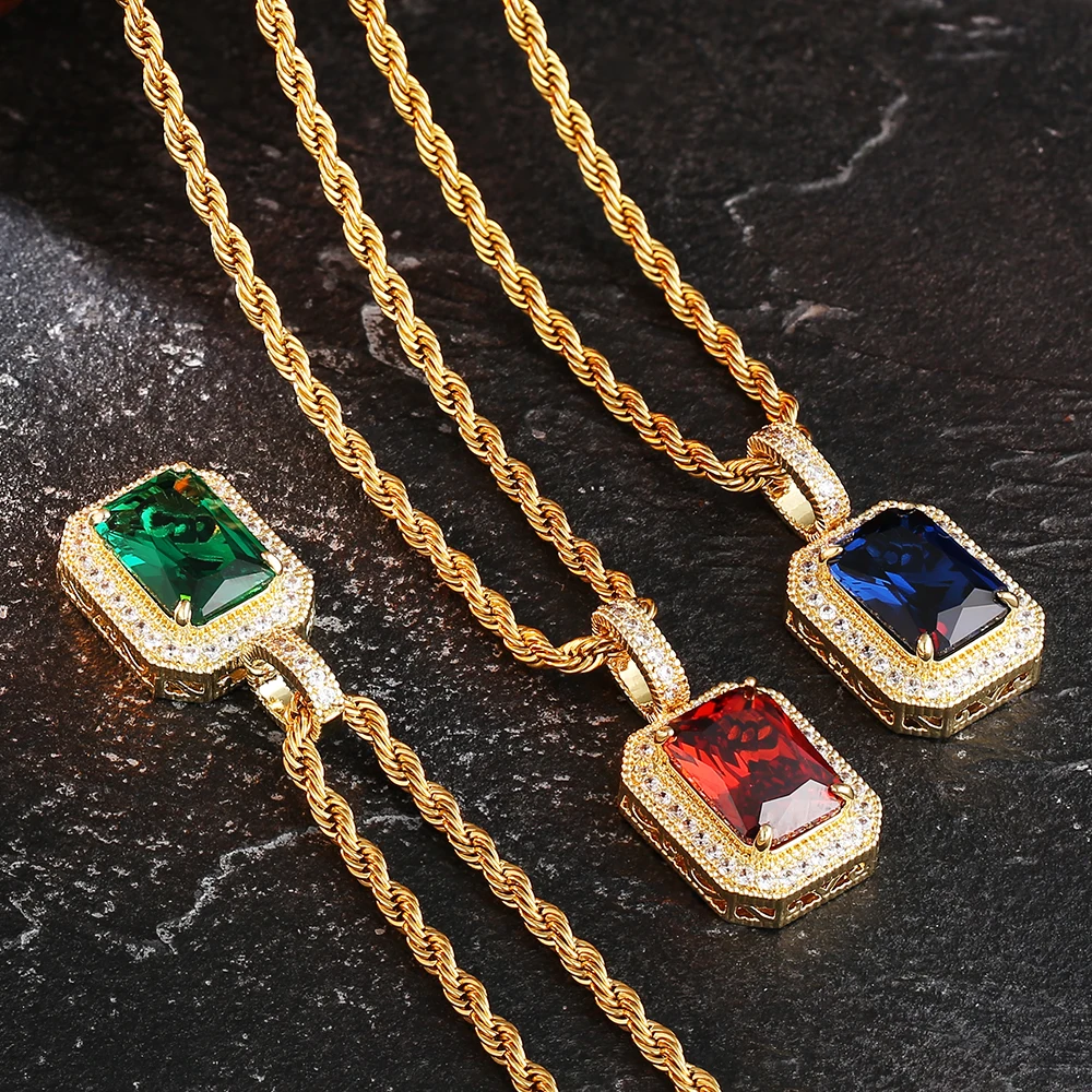 

KRKC Mens Rough Large Square Crystal Gemstone Rose Necklace Pendant Gold Blue Sapphire Green Emerald Ruby Gemstone Pendant