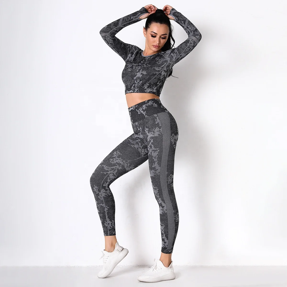 

2021 Wholesale Seamless Camouflage Ribbed Fitness Womens Activewea Yoga Leggings Sets, 5 colors