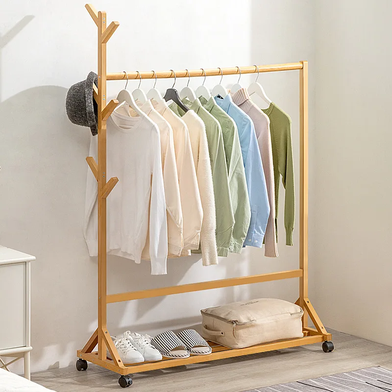 

GG17 Stable Multipurpose Solid Wood Coat Rack with Roller wooden Clothes Hanger with Portable shoes Shelf, Solid color