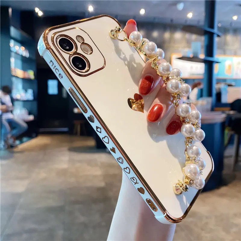 

Luxury Plating TPU Cover Lady Style, For iPhone 12 11 Pro Max XS X 7 8 Phone Anti-fall Phone Case with Pearl Wrist Chain, Black, pink, purple, green, white