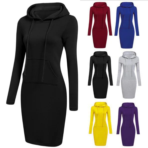 

Dropshipping Autumn Winter Fashion Solid Color Pocketst Hoodie Dress Women Dresses Casual Dress