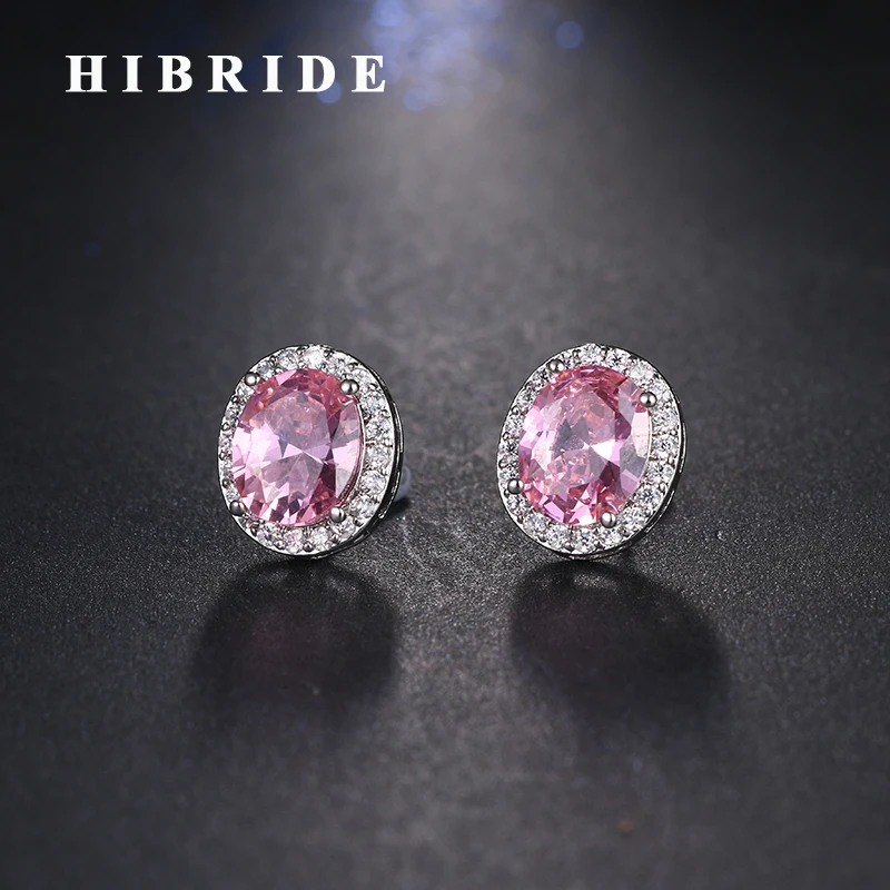 HIBRIDE Brincos 8 Colors Women Stud Earrings Pink Cubic Zircon Women Wedding Engagement Earring Fashion Jewelry E-403